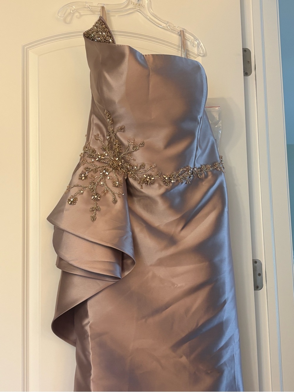 Terani Couture Champagne Satin Mermaid Gown with Draped Capelet Detail - Picture 8 of 9